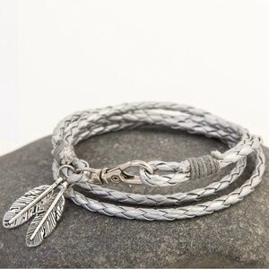 Silver Boho Feather Charm Leather Wrap Bracelet